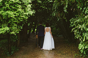 Couple walking in woods