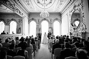Historic Nanteos Mansion wedding venue - the music room filled with guests